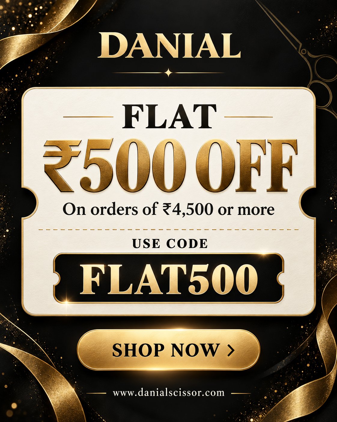 DANIAL black-and-gold ₹500 off coupon copy